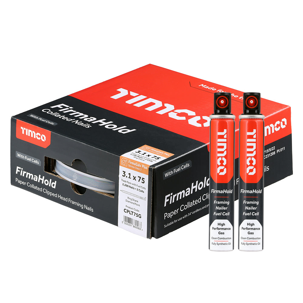 3.1 x 75mm - FirmaHold Collated Clipped Head Nails & Fuel Cells - Trade Pack - Ring Shank - FirmaGalv +