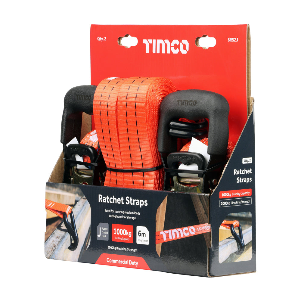 Ratchet Straps - J Hook - Commercial Duty - 6m x 35mm (2 Straps/Pack)
