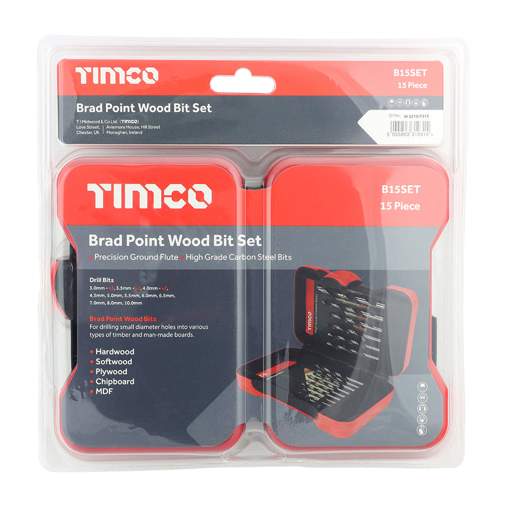 Brad Point Wood Bit Set - 15 pcs