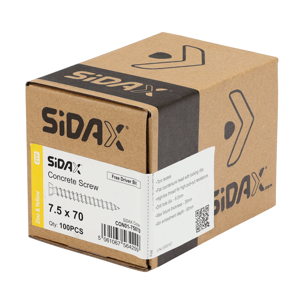 SiDax - Concrete Screws - TorxDrive TX30 - Countersunk with Locking Ribs - Yellow