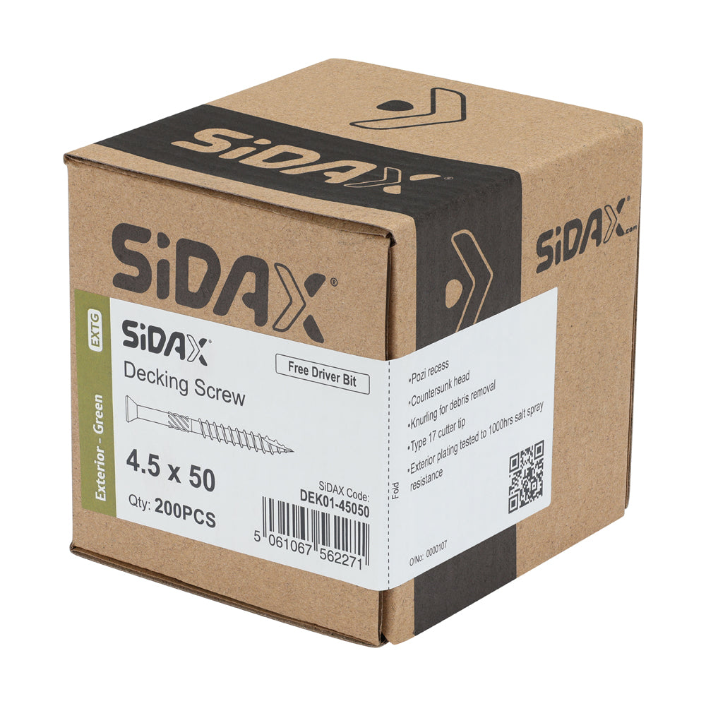 SiDAX Decking Screw features a reduced diameter countersunk head for a discreet finish that sits flush with timber surfaces or between the decking grooves.