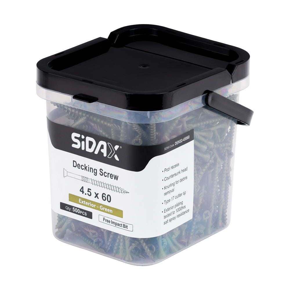 Container of Sidax decking screws with a black lid on a white background