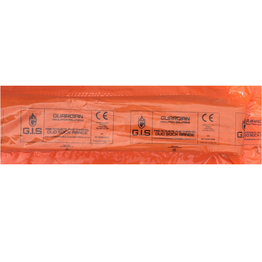 A packaged GIS Duo Cavity Sock, primarily orange in color, with branding and certification logos displayed on the surface.