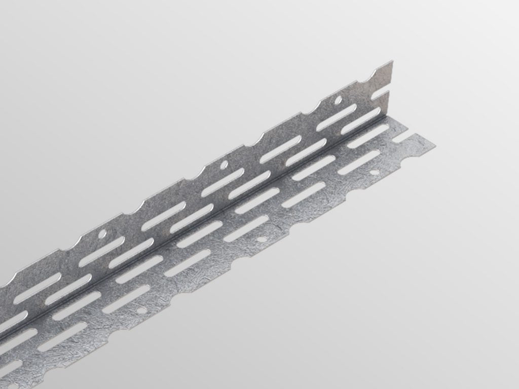 A close-up image of a galvanised perforated thin coat drylining bead, showing its texture and holes for fixing.