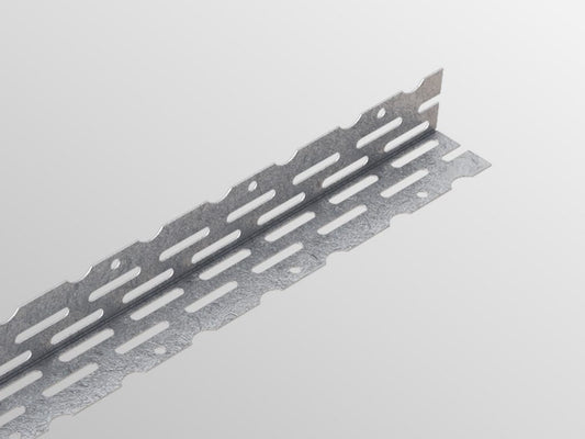 A close-up image of a galvanised perforated thin coat drylining bead, showing its texture and holes for fixing.