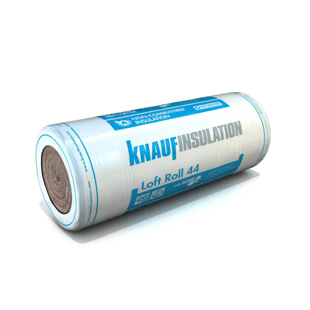 A rolled loft insulation from Knauf Insulation, packaged in a blue and white wrapper.