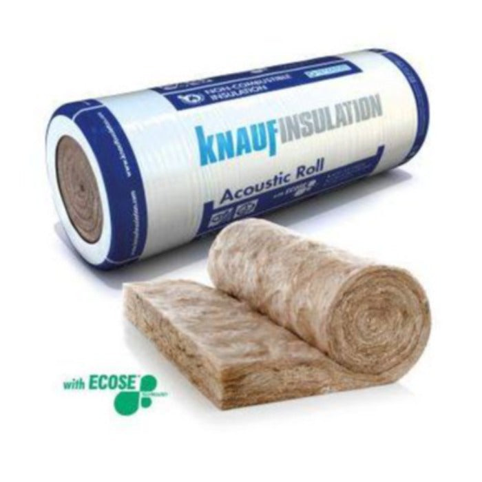 A roll of Knauf Acoustic insulation material wrapped in white with blue branding and roll laid out