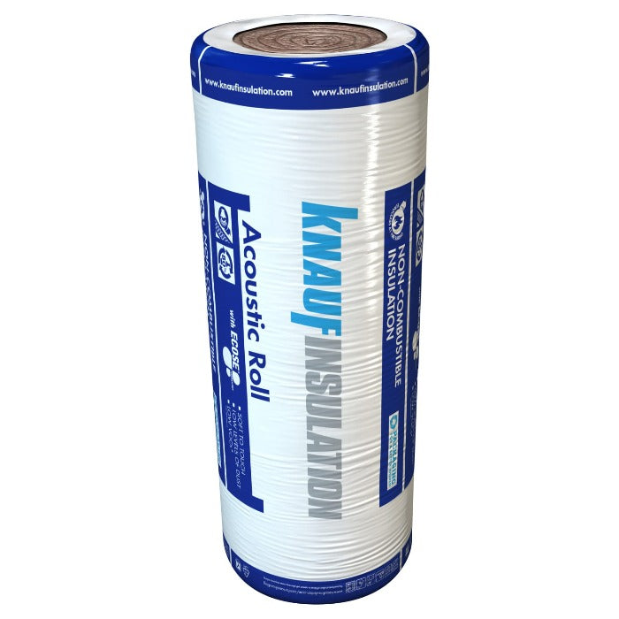 A roll of Knauf Acoustic insulation material wrapped in white with blue branding around it.