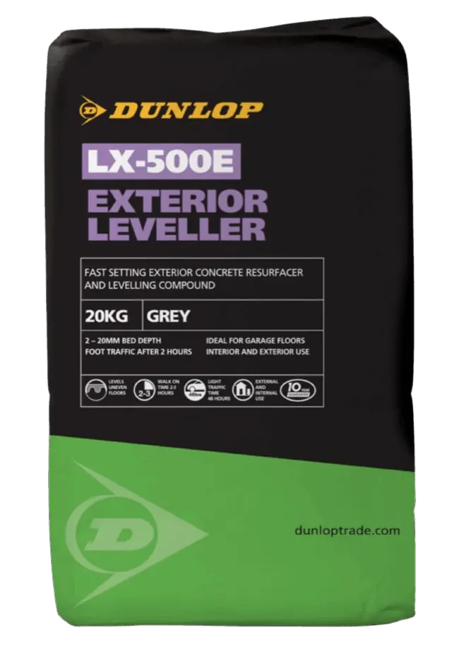 LX-500E Exterior Leveller is a fast-setting, high-strength concrete resurfacing and external levelling compound, with a depth range of 2–20 mm.